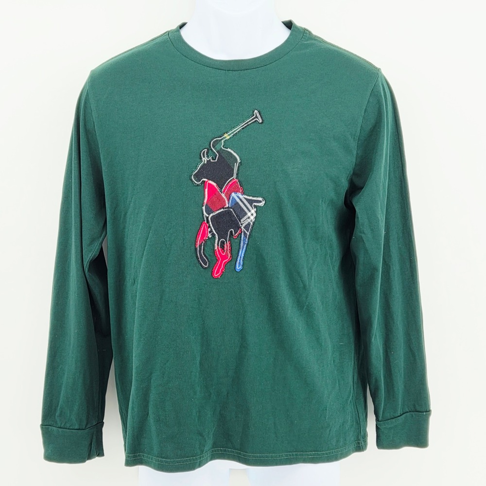 Polo Ralph Lauren Boys Large 14-16‎ Green Big Pony Patchwork Long Sleeve Shirt